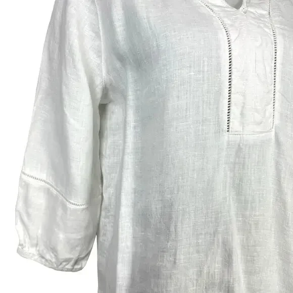 Joie | White 100% Linen Eyelet Detail V-neck 3/4 Sleeve Casual Tunic Top - Picture 7 of 12